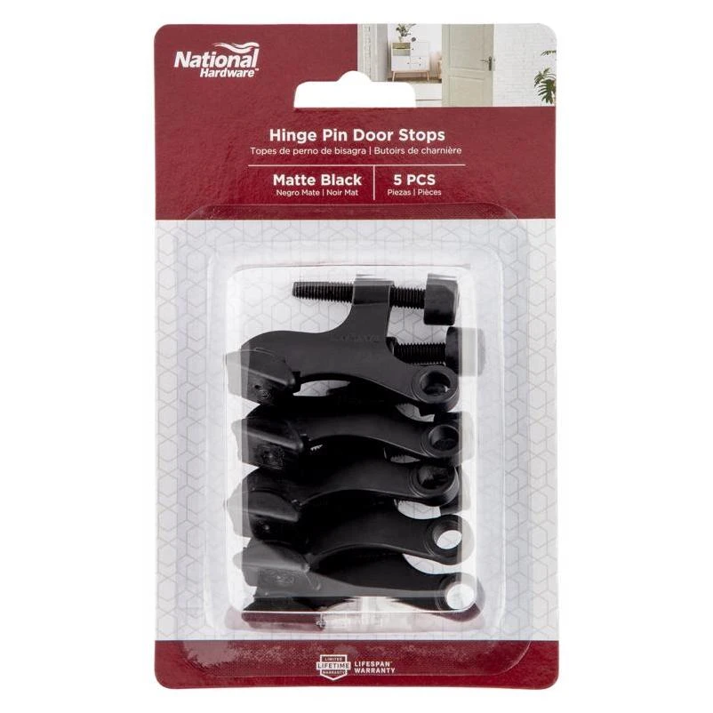 Matte Black Zinc Hinge Pin Door Stop – 2‑1/16 in Projection with PVC Tip