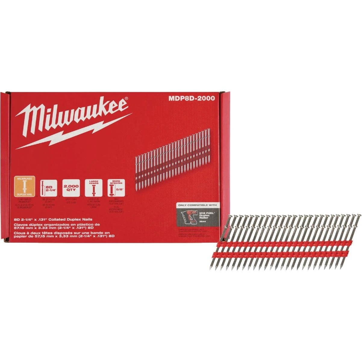 Milwaukee 8‑D Collated Duplex Nail – 2‑7/8" Steel Fastener, Round Head, Smooth Shank