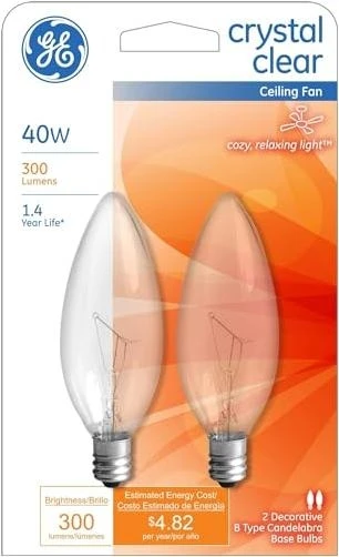 GE Ceiling Fan Light Bulbs Blunt Tip 40 W 280 Lumens Candelabra 3.19 in. C-7a Clear Carded 2 Pack