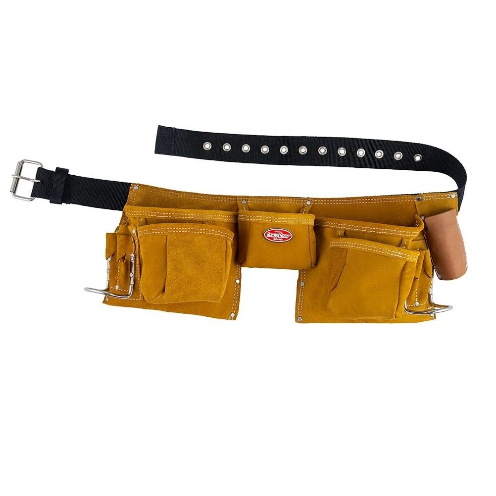 Bucket Boss 3 Tool Bag Suede Leather Tool Apron Tool Belt, with Sewn-On Belt and Steel Roller Buckle Fits Up To 42 in. Waist Size, in Tan, 55149