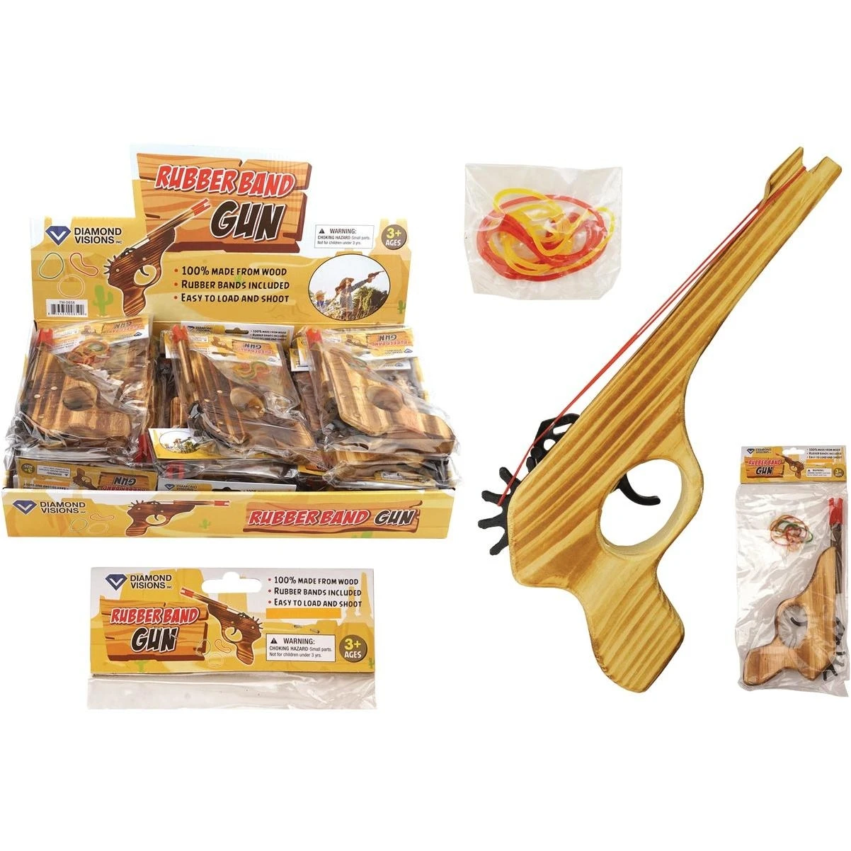 Diamond Visions Wooden Rubber Band Blaster – TM‑0858, 9‑inch Play Gun