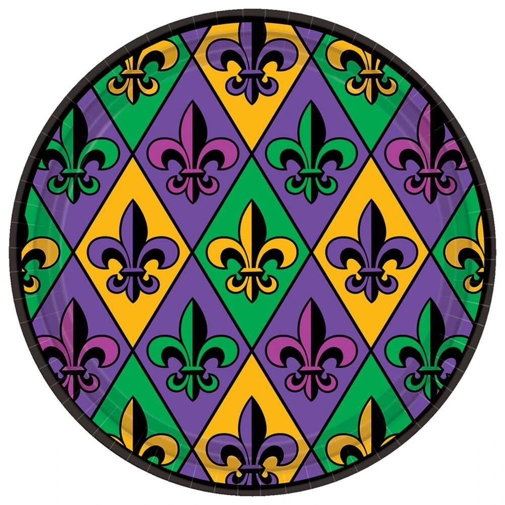 Fleur De Lis 7 in. x 7 in. Paper Mardi Gras Plates (3-Pack, 18-Count)