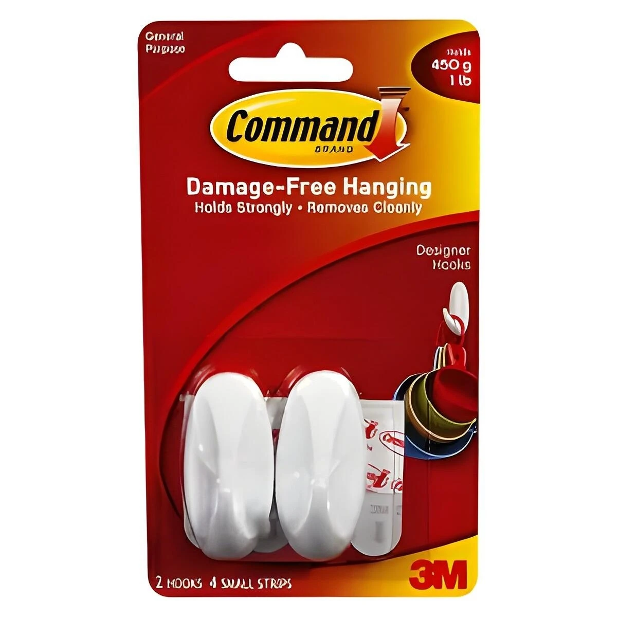 Command 17082 Designer Hook, 1/4 in Opening, 1 lb, 2 -Hook, Plastic, White