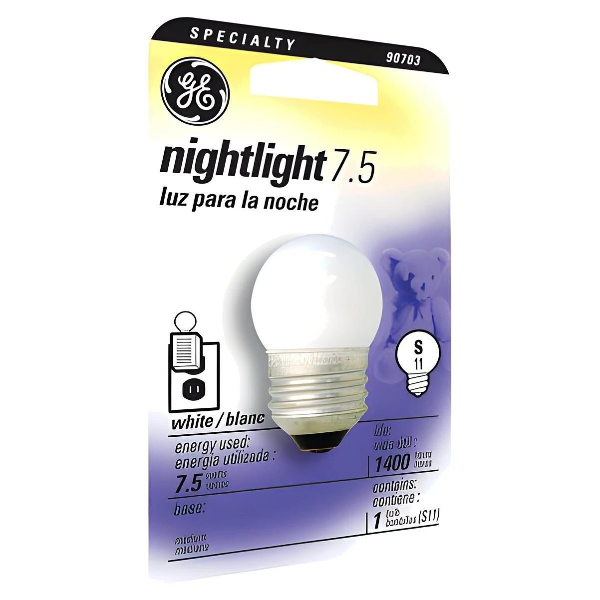 GE 41267 Night Light Bulb, 7.5 W, E26 Medium Lamp Base, S11 Lamp, White Light, 39 Lumens, 1400 hr Average Life