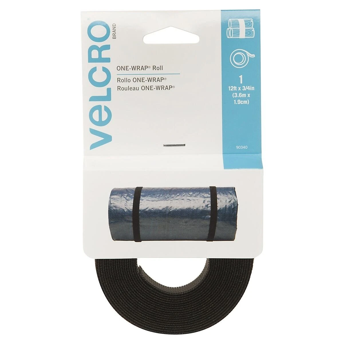 VELCRO Brand One Wrap 90340 Hook and Loop Fastener, 3/4 in W, 12 ft L, Nylon/Polypropylene, Black