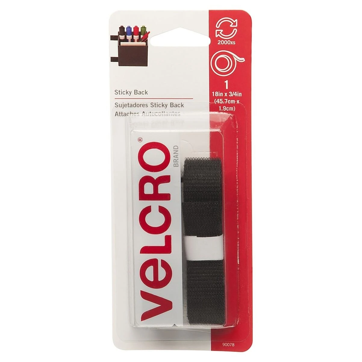VELCRO Brand 90078 Hook and Loop Fastener, 3/4 in W, 18 in L, Nylon, Black, Rubber Adhesive