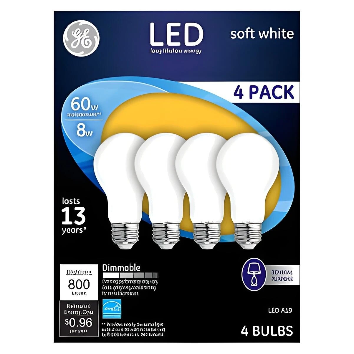 GE Industrial Solutions 93098313 LED Bulb, General Purpose, 750 Lumens, 10 W, A19 Lamp, 60 W Equivalent, Dimmable