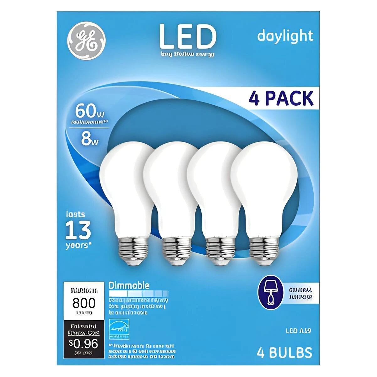 GE Industrial Solutions 93098314 LED Bulb, General Purpose, 750 Lumens, 8 W, A19 Lamp, 60 W Equivalent, Medium Lamp Base