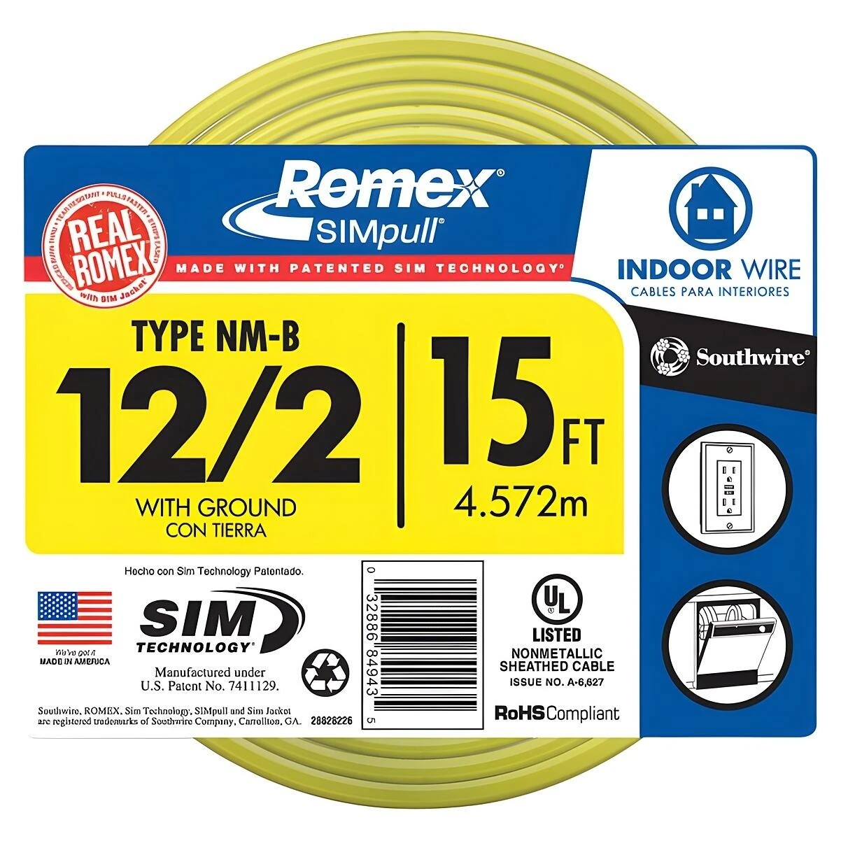 Southwire Romex NM-B Cable With Ground, 12/2, 15 Ft.