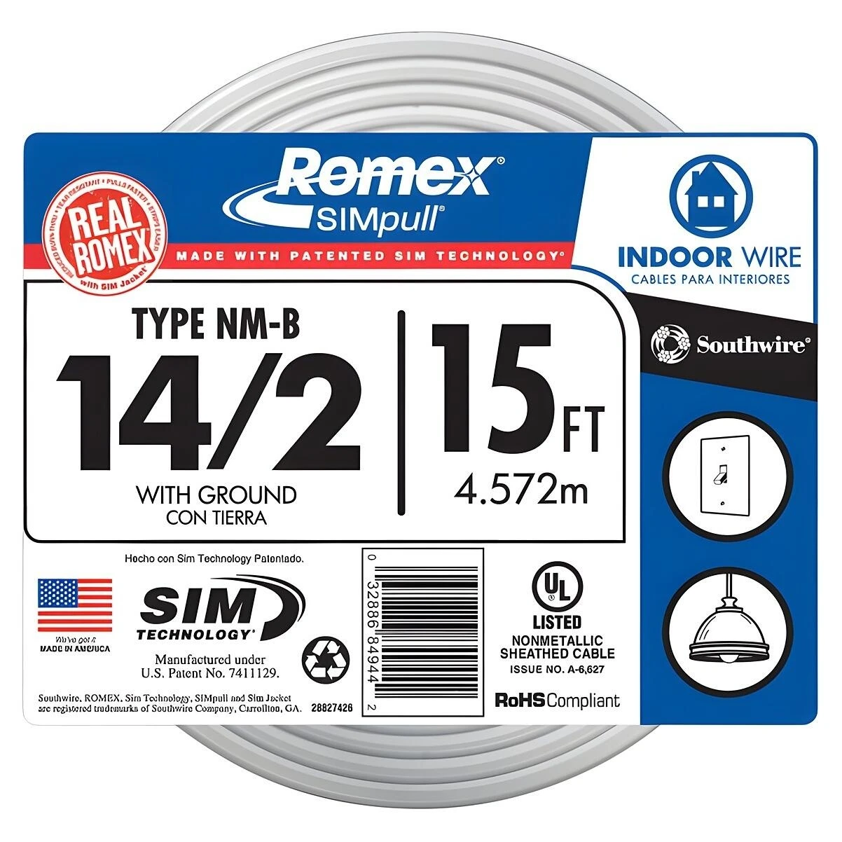 Southwire 28827426 Romex 14/2 NM-B Electrical Cable, 15 Ft.