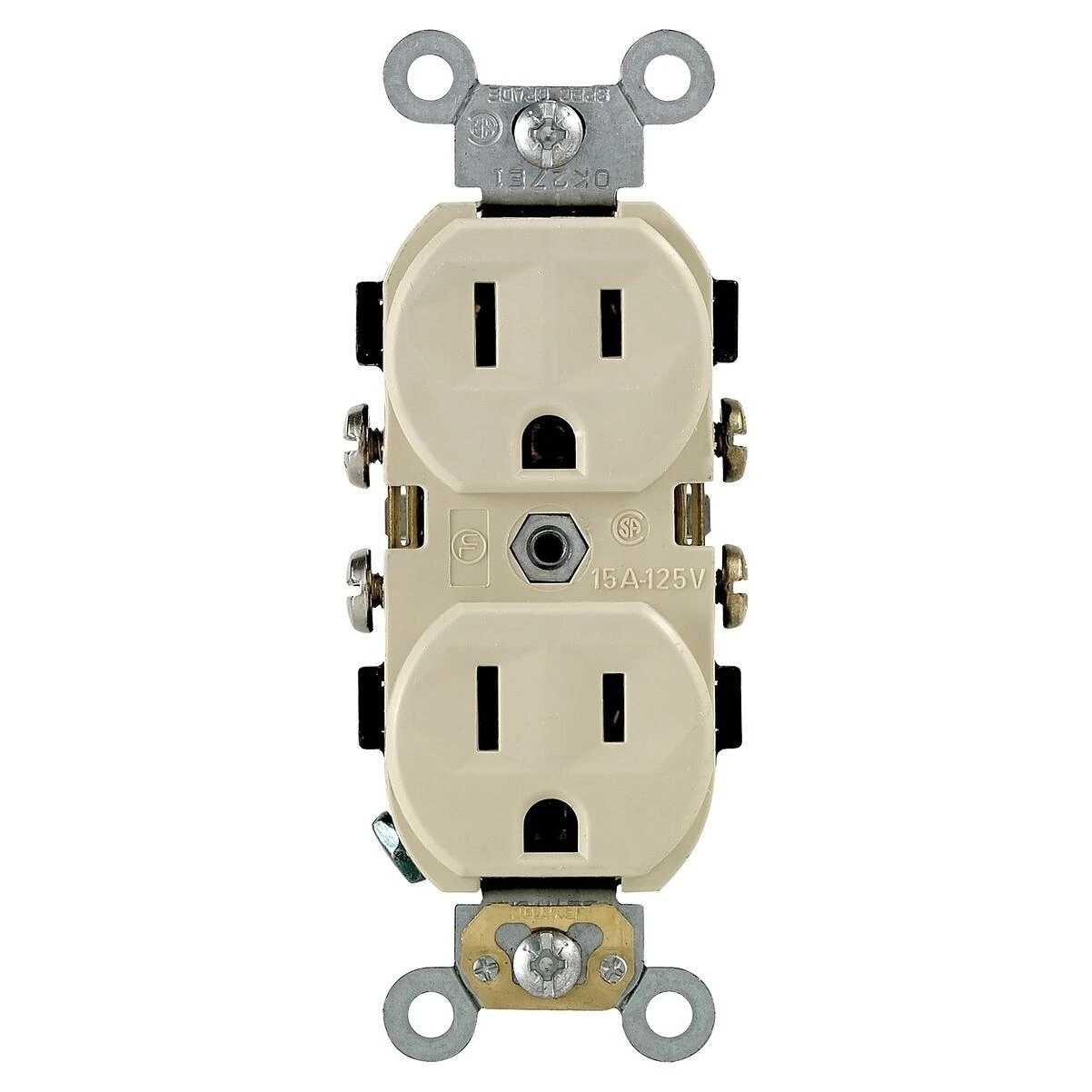 Leviton CBR15-I Duplex Outlet, 2 -Pole, 15 A, 125 VAC, Back, Side Wiring, NEMA: 5-15R, Ivory