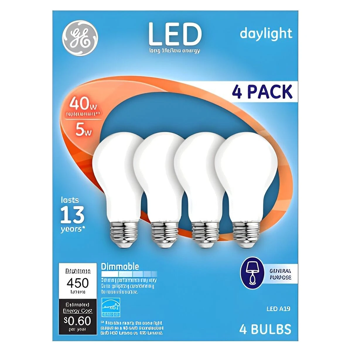 GE 93098312 LED Bulb, General Purpose, A19 Lamp, 40 W Equivalent, E26 Lamp Base, Dimmable, White, Daylight Light