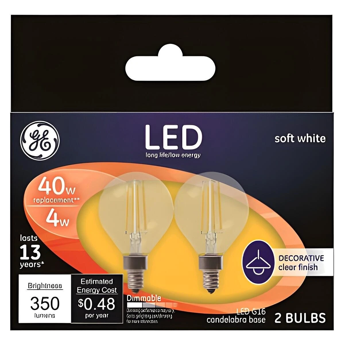 GE 24535 LED Bulb, Decorative, G16.5 Lamp, 40 W Equivalent, E12 Candelabra Lamp Base, Dimmable, Clear, Soft White Light