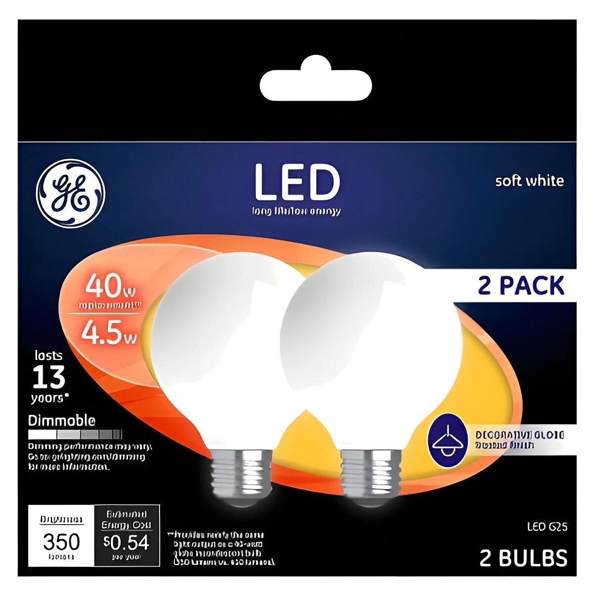 GE Industrial Solutions 24954 LED Bulb, 120 V, 350 Lumens, 4.5 W, G25 Lamp, 40 W Equivalent, E26 Lamp Base, Dimmable