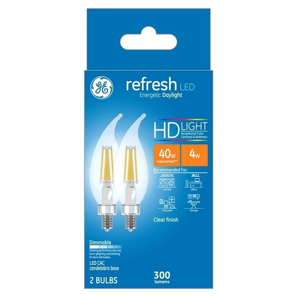 GE 31425 LED Bulb, General Purpose, 40 W Equivalent, E12 Lamp Base, Dimmable, Clear, Daylight Light, 5000 K Color Temp
