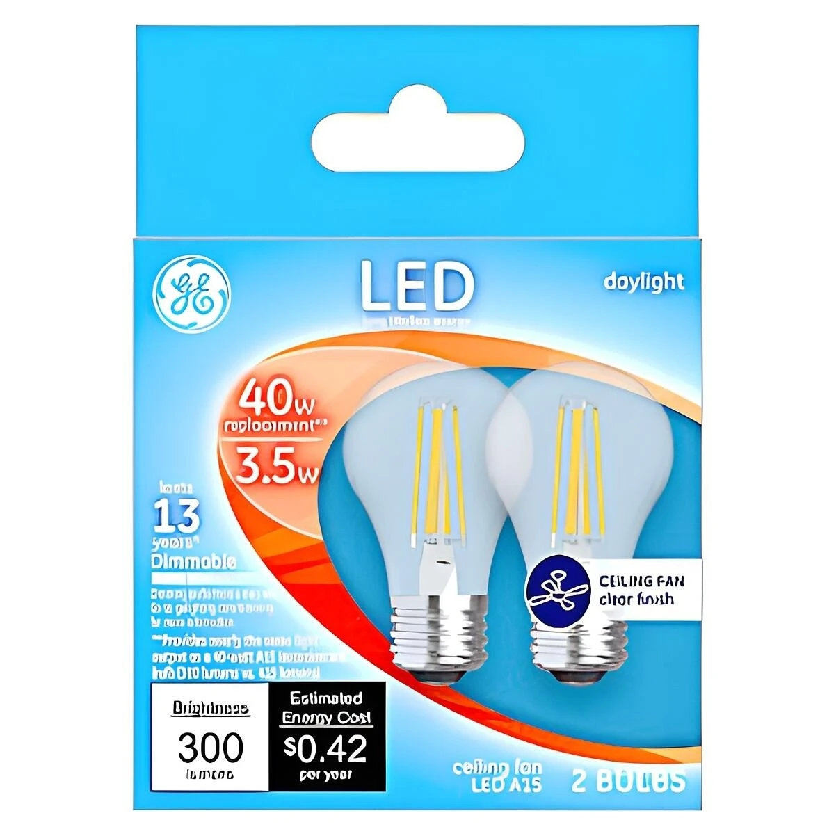 GE 28945 LED Bulb, General Purpose, 300 Lumens, 3.5 W, A15 Lamp, 40 W Equivalent, E26 Lamp Base, Dimmable, Daylight