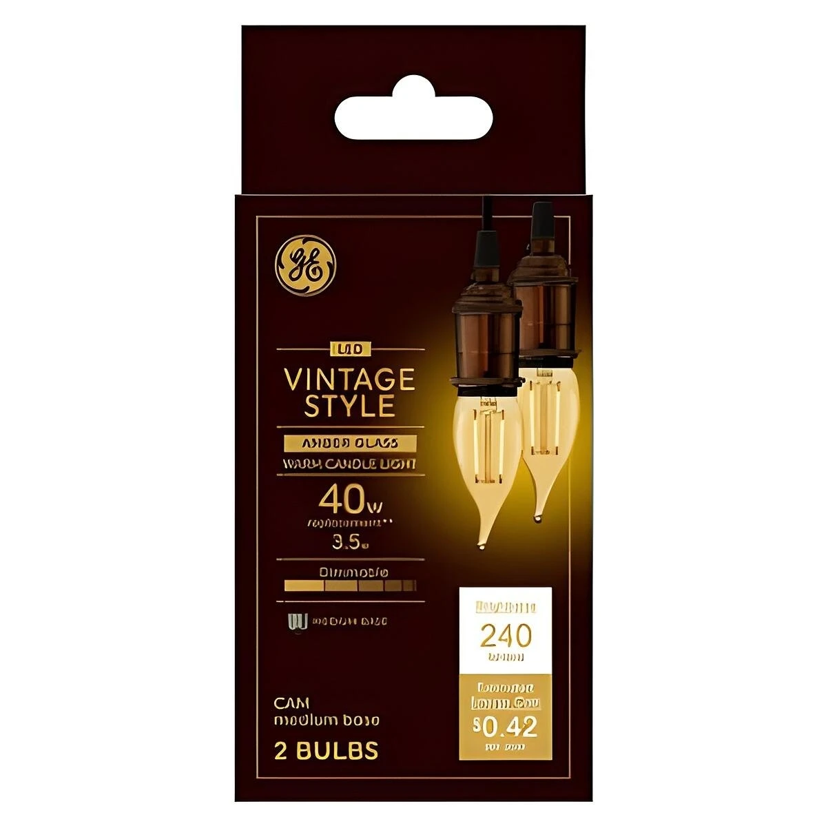 GE Industrial Solutions 42152 LED Bulb, Decorative, CAM Lamp, 40 W Equivalent, E26 Lamp Base, Dimmable, Amber