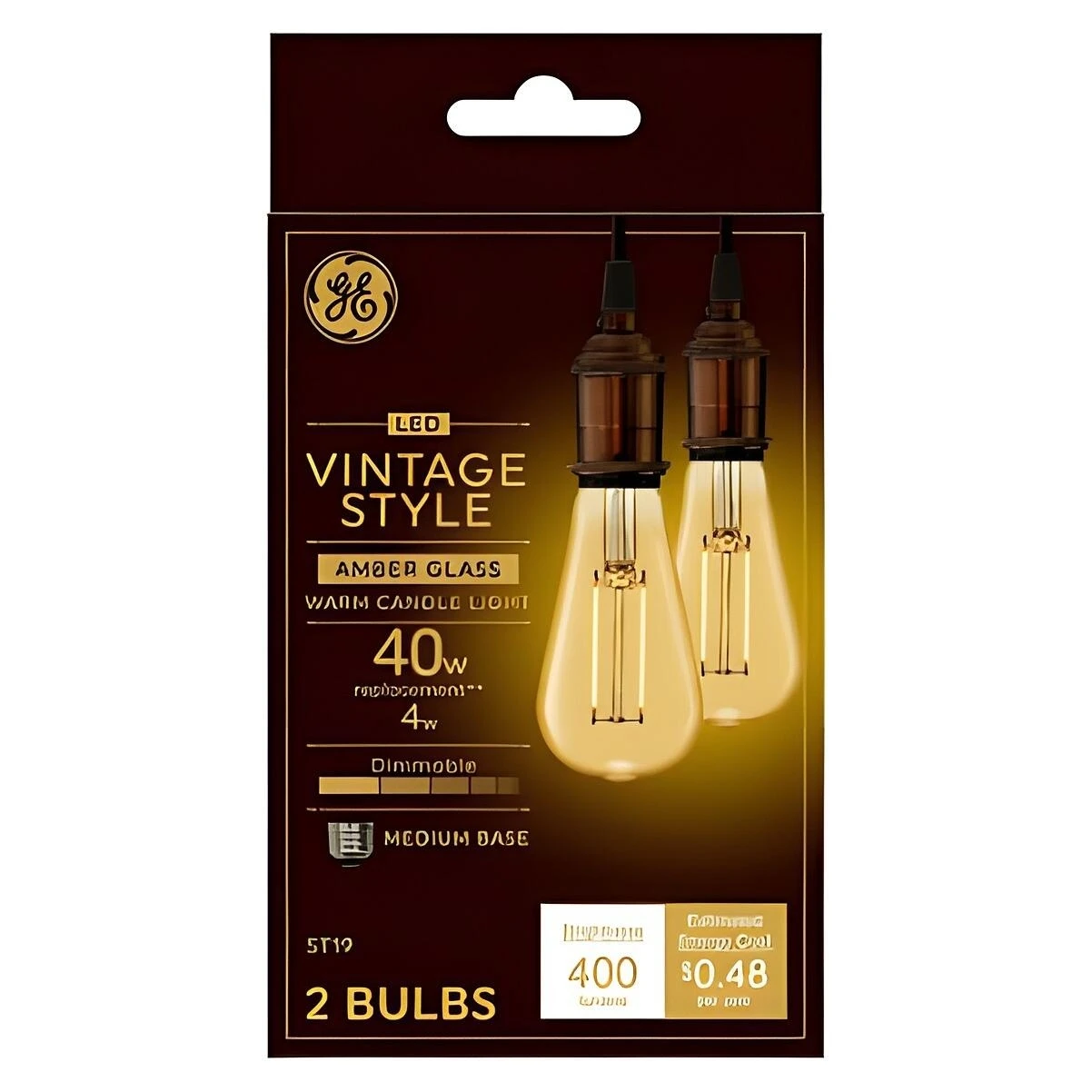 GE 42194 Light Bulb, Vintage, ST19 Lamp, 40 W Equivalent, Medium (E26) Lamp Base, Dimmable, Amber, Warm White Light