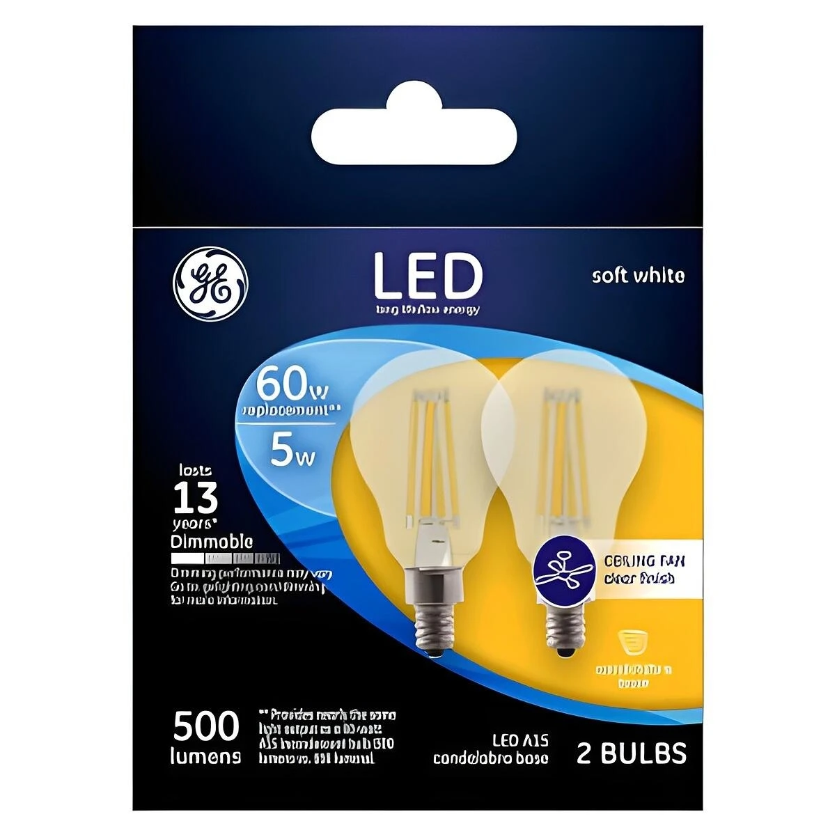GE 24309 LED Bulb, General Purpose, A15 Lamp, 60 W Equivalent, Candelabra Lamp Base, Dimmable, Soft White Light