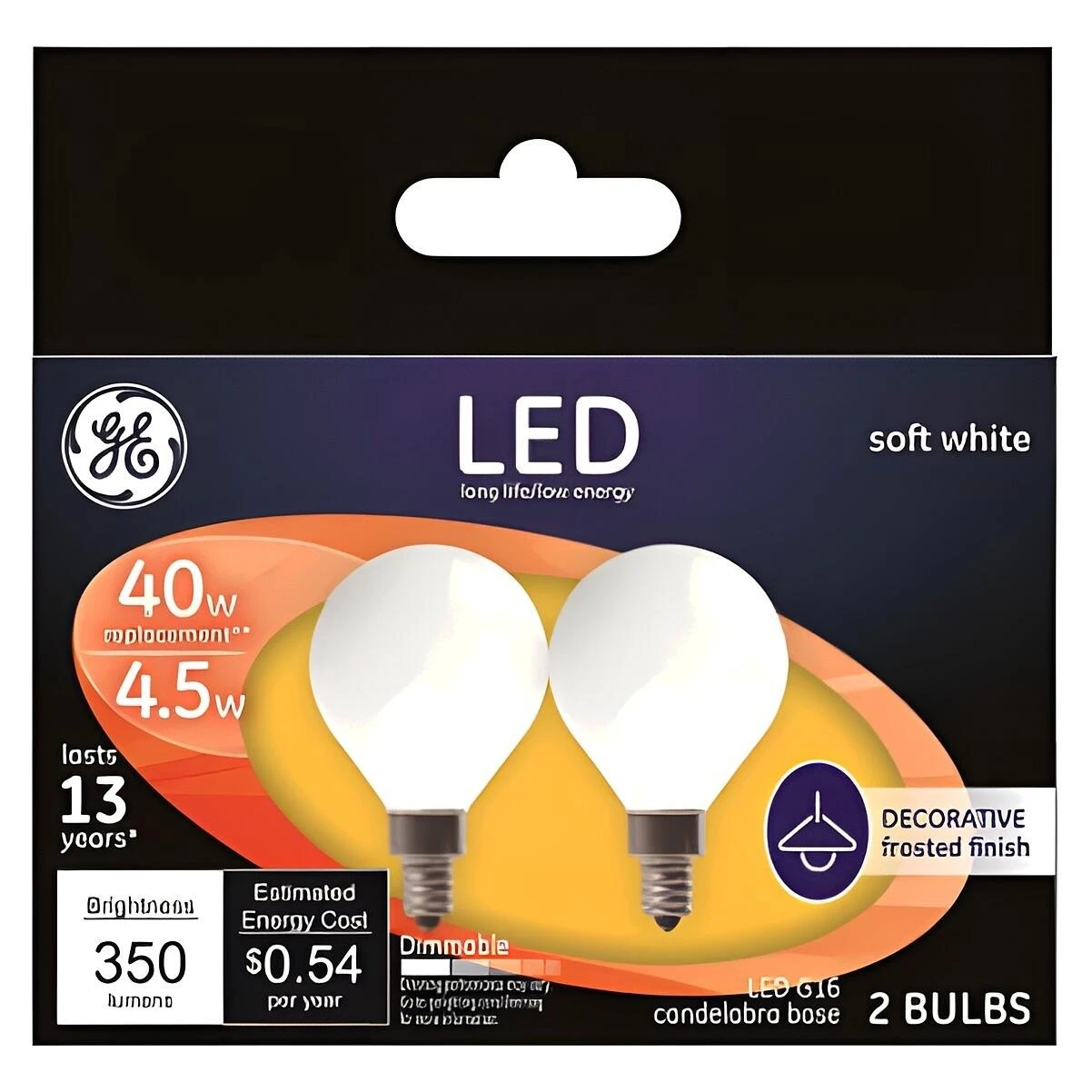 GE 25046 LED Bulb, Decorative, 350 Lumens, 4.5 W, G16 Lamp, 40 W Equivalent, E12 Lamp Base, Dimmable, Soft White