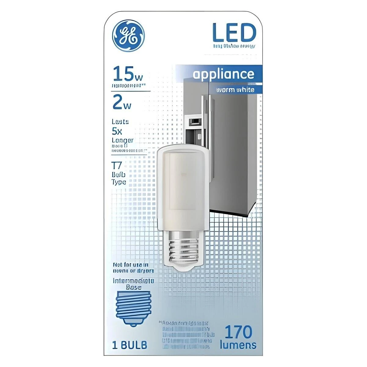 GE 93128997 LED Light Bulb, T7 Lamp, 15 W Equivalent, E17 Intermediate Lamp Base, No, Frosted, Warm White Light