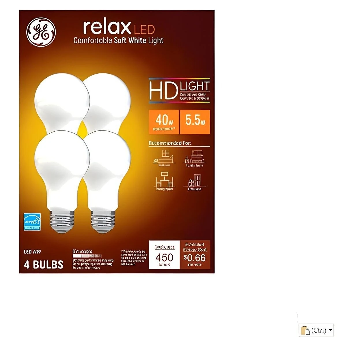 GE 93129437 LED Bulb, Relax HD, A19 Lamp, 40 W Equivalent, E26 Medium Lamp Base, Dimmable, Frosted, Soft White Light