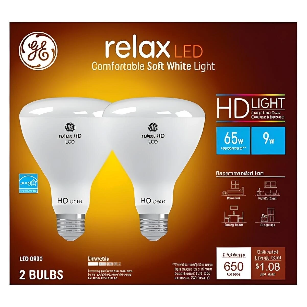 GE 93129938 LED Bulb, 65 W Equivalent, Medium Lamp Base, Dimmable, Warm White Light, 2700 K Color Temp