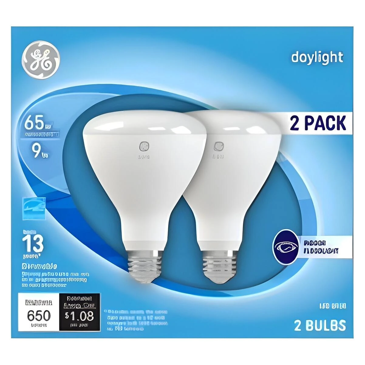 GE 93129771 Light Bulb, BR30 Lamp, 65 W Equivalent, E26 Medium Lamp Base, Dimmable, Frost, Daylight Light