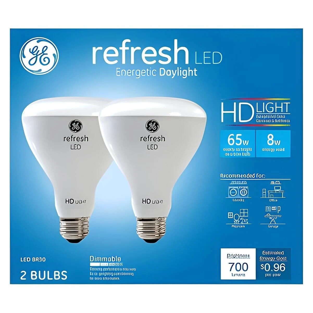 GE 93129888 LED Bulb, BR30 Lamp, 65 W Equivalent, E26 Lamp Base, Dimmable, Daylight Light, 5000 K Color Temp