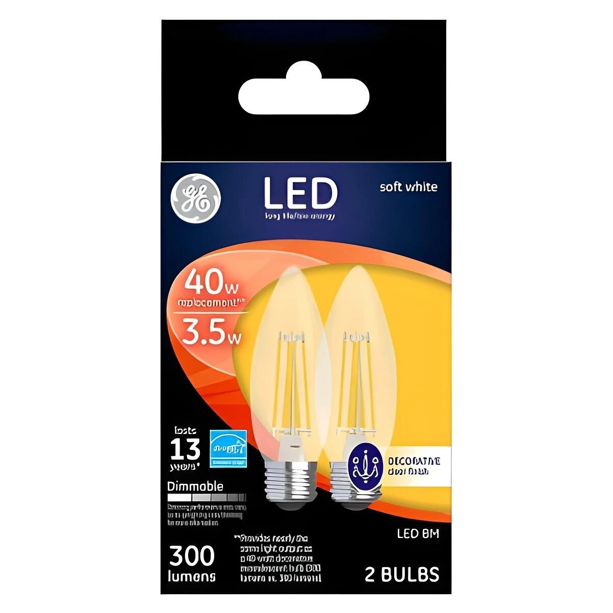 GE 23179 LED Bulb, Decorative, 300 Lumens, 3.5 W, BM Lamp, 40 W Equivalent, E26 Lamp Base, Dimmable, Soft White