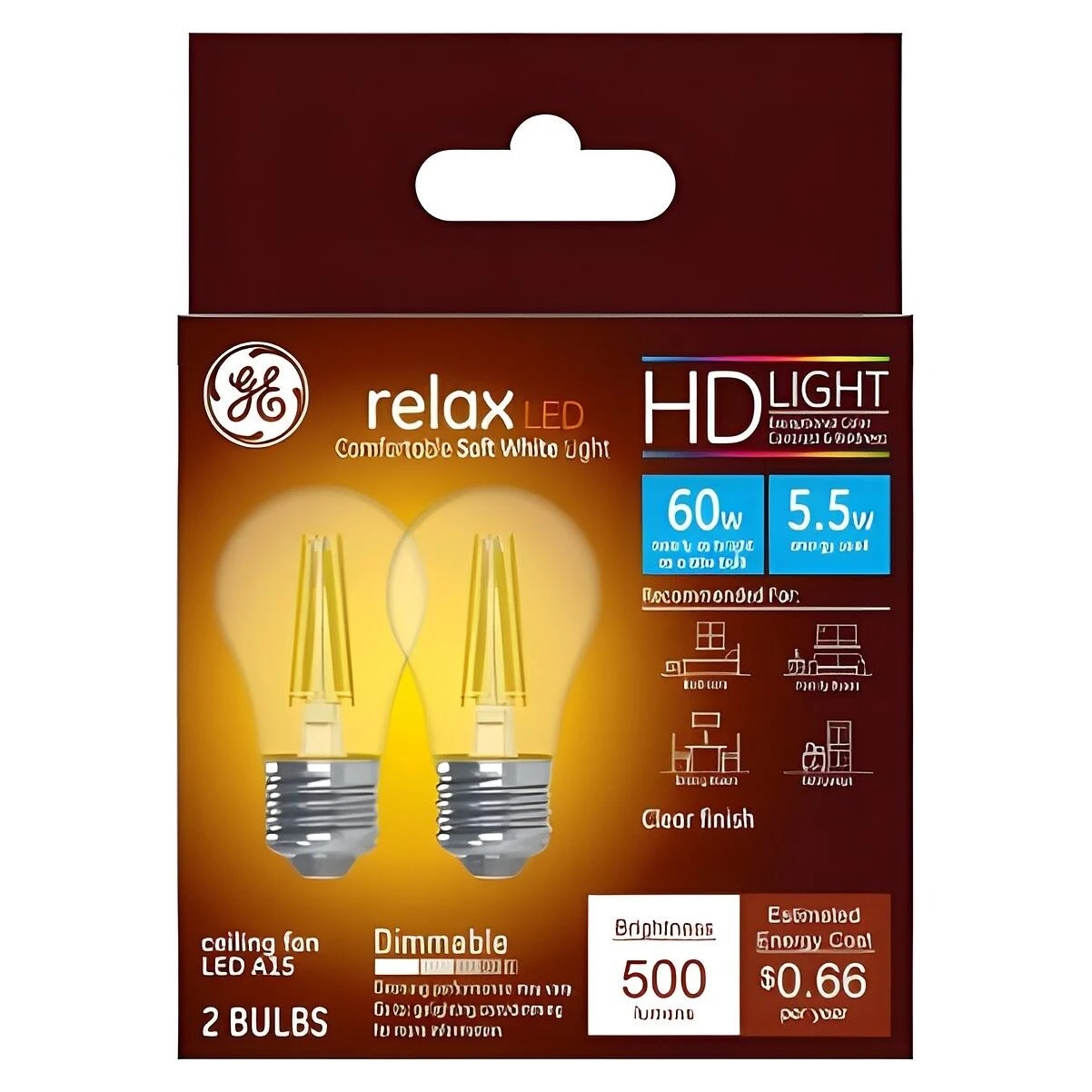 GE Industrial Solutions 36980 LED Bulb, General Purpose, A15 Lamp, E26 Lamp Base, Dimmable, Clear, Soft White Light