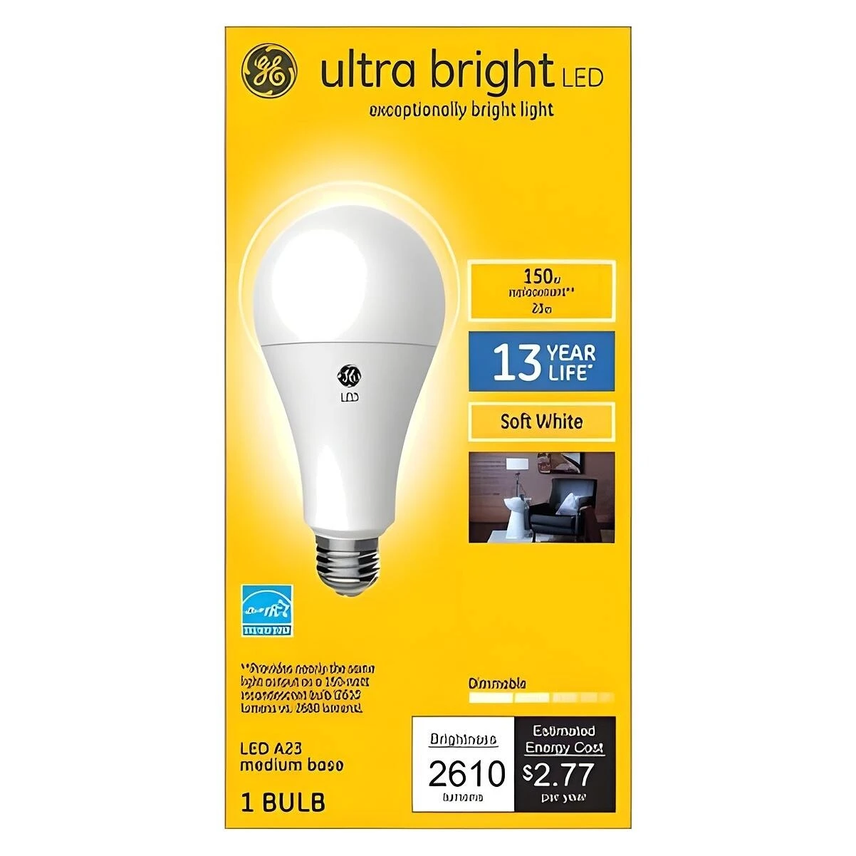 GE Ultra Bright 93129366 Light Bulb, A23 Lamp, 150 W Equivalent, Medium (E26) Lamp Base, Dimmable, Soft White Light