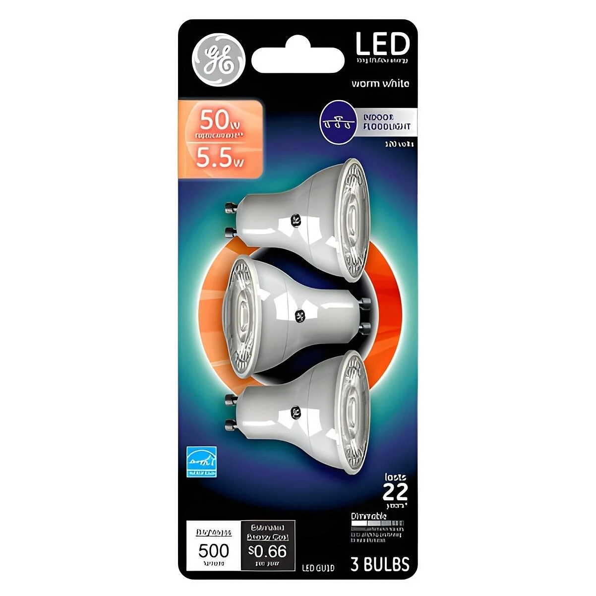 GE 93120813 Floodlight Bulb, Recessed, MR16 Lamp, 50 W Equivalent, GU10 Lamp Base, Dimmable, Clear, Clear Light