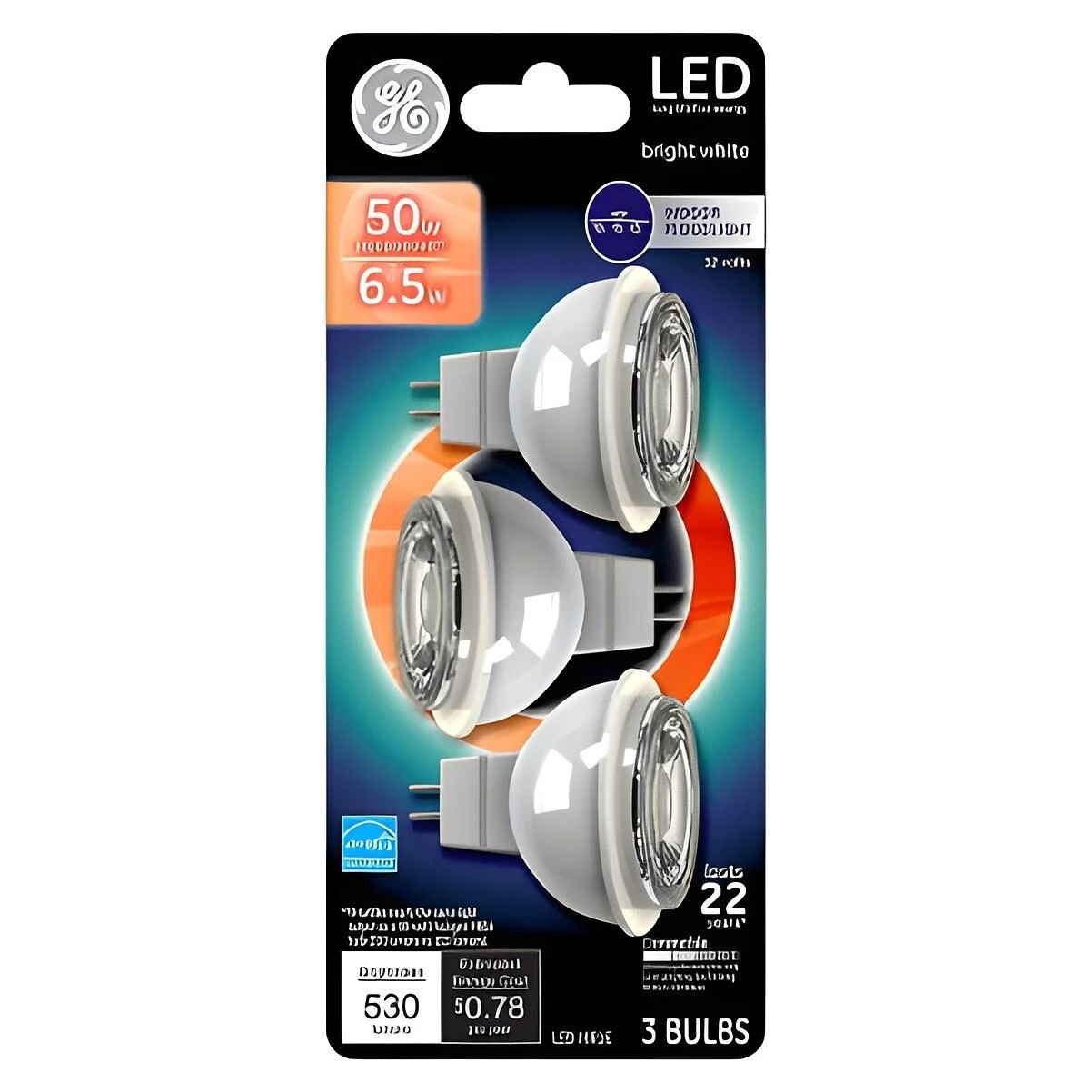 GE Industrial Solutions 93095550 LED Bulb, Track/Recessed, MR16 Lamp, GU5.3 Lamp Base, Dimmable, Clear, Clear Light