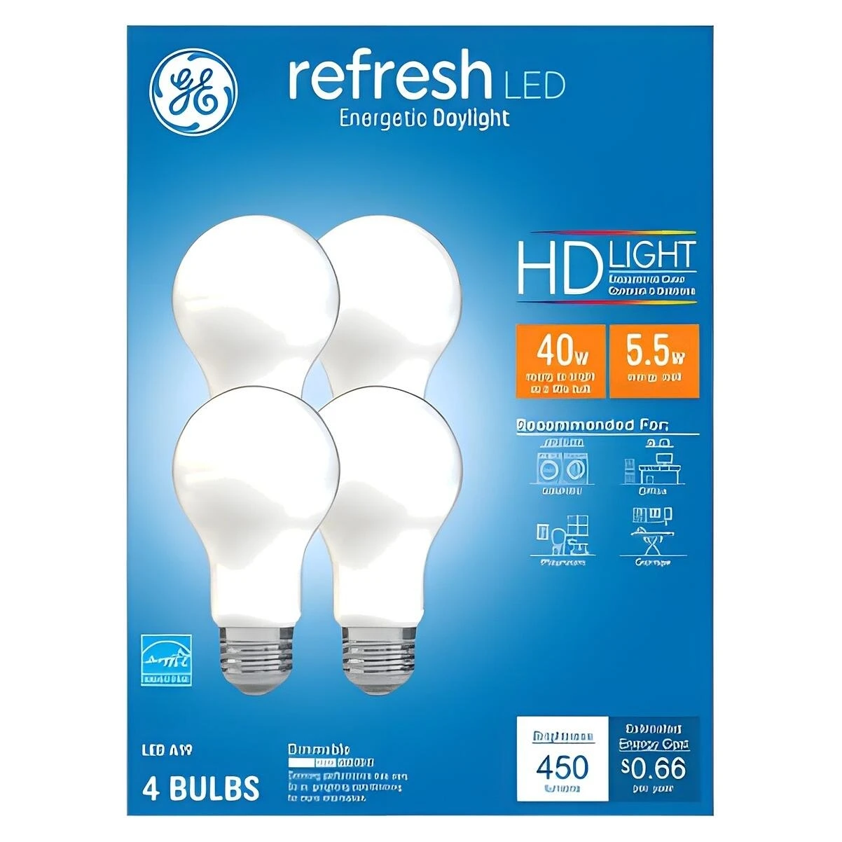 GE 93129429 LED Bulb, A19 Lamp, 40 W Equivalent, E26 Medium Lamp Base, Dimmable, Frost, Daylight, 5000 K Color Temp GE 93129429 LED Bulb, A19 Lamp, 40 W Equivalent, E26 Medium Lamp Base, Dimmable, Frost, Daylight, 5000 K Color Temp