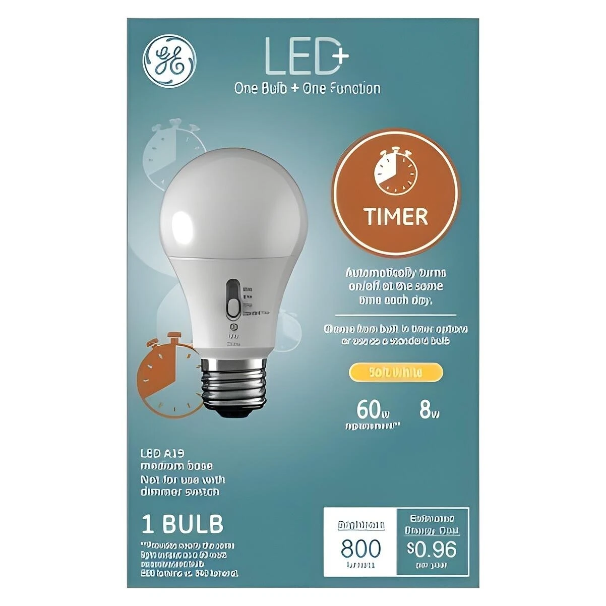 GE LED+ Timer Light Bulb, A19, Dusk-to-Dawn, Soft White, 8W