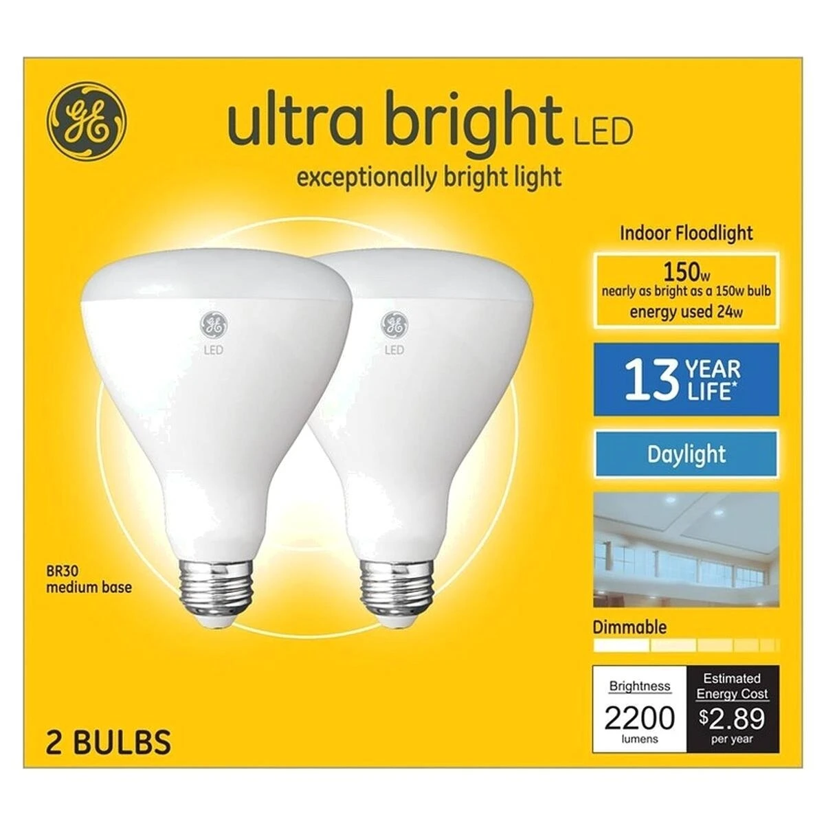 GE 93130932 LED Light Bulb, BR30 Lamp, 150 W Equivalent, Medium Lamp Base, Dimmable, Frost, Daylight Light GE 93130932 LED Light Bulb, BR30 Lamp, 150 W Equivalent, Medium Lamp Base, Dimmable, Frost, Daylight Light