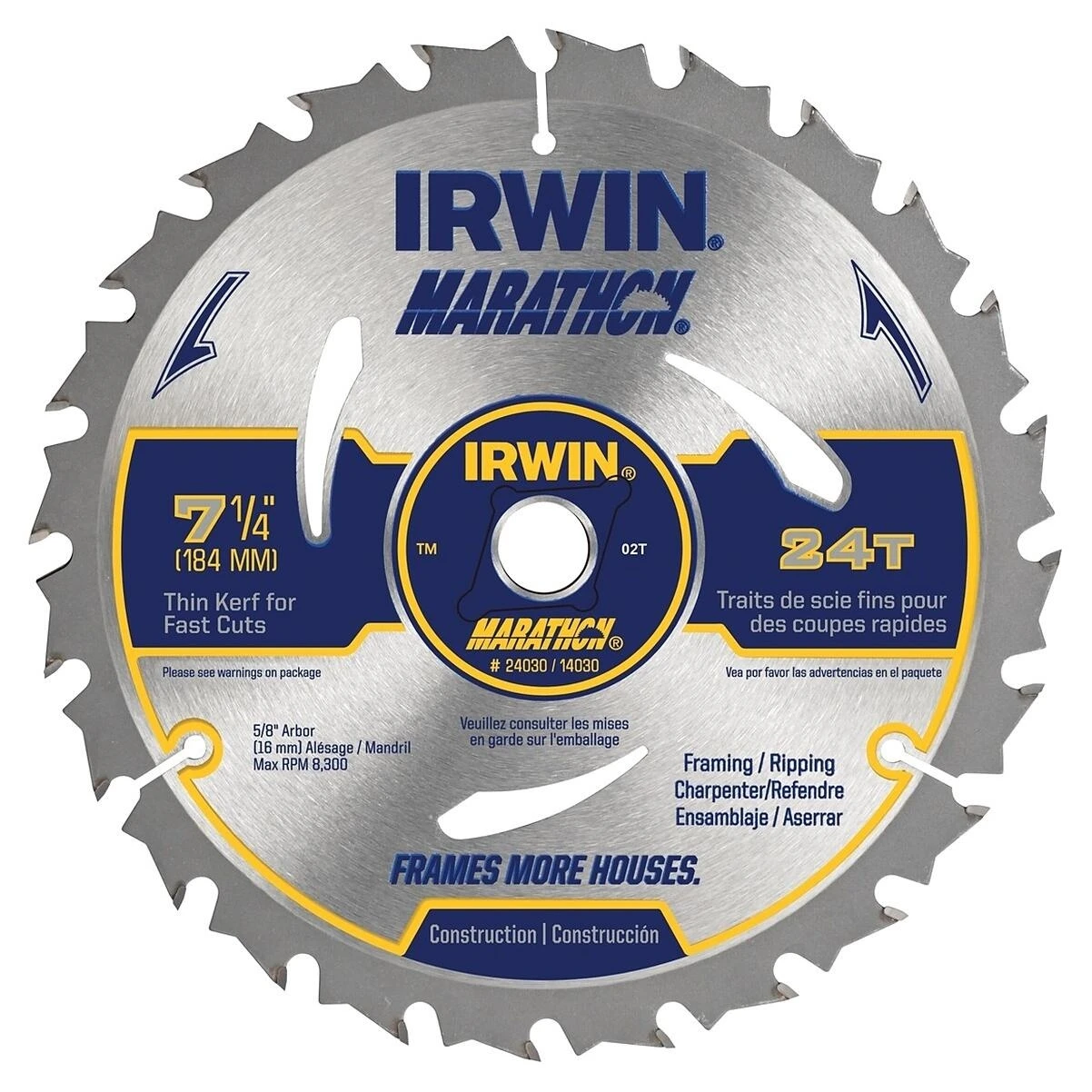 Irwin Marathon 24030 Circular Saw Blade, 7-1/4 in Dia, 5/8 in Arbor, 24-Teeth, Carbide Cutting Edge