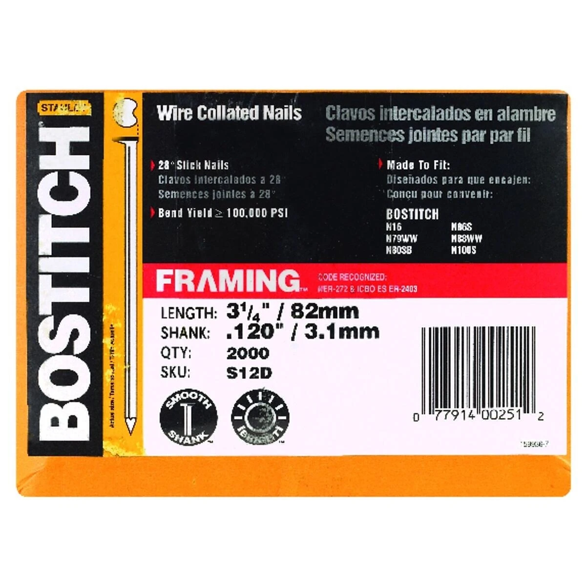 Bostitch S12D-FH Framing Nail, Wire Collation, 3-1/4 in L, Steel, Coated, Round Head, Smooth Shank, 2000/PK Bostitch S12D-FH Framing Nail, Wire Collation, 3-1/4 in L, Steel, Coated, Round Head, Smooth Shank, 2000/PK