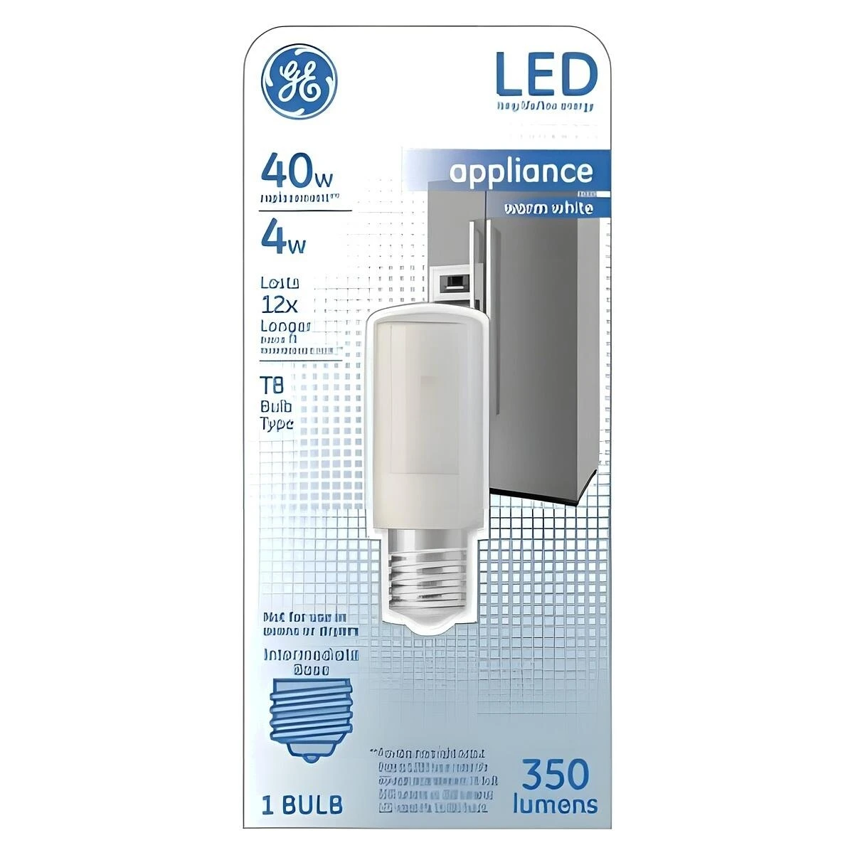 GE 93128999 LED Light Bulb, T8 Lamp, 40 W Equivalent, E17 Intermediate Lamp Base, Frosted, Warm White Light