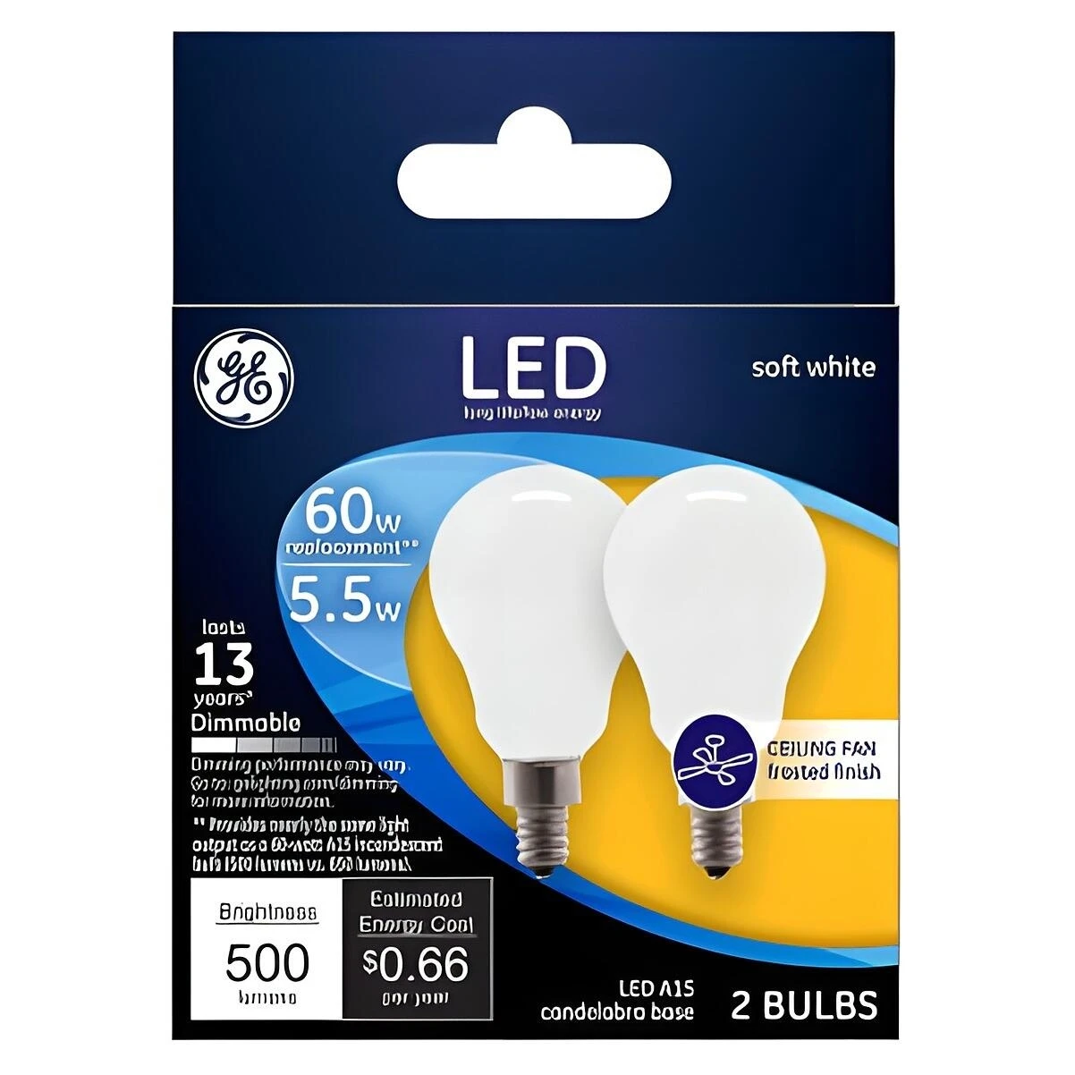 GE Industrial Solutions 24949 LED Bulb, General Purpose, A15 Lamp, 60 W Equivalent, E12 Lamp Base, Dimmable, Frosted