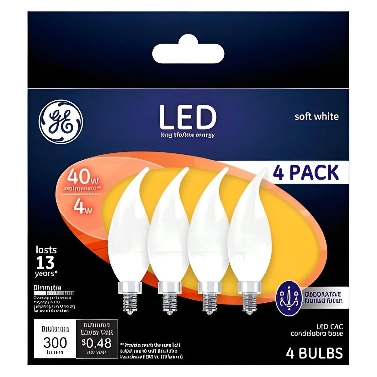 GE Industrial Solutions 37418 LED Bulb, Decorative, CAC Lamp, 40 W Equivalent, E12 Lamp Base, Dimmable, Frosted