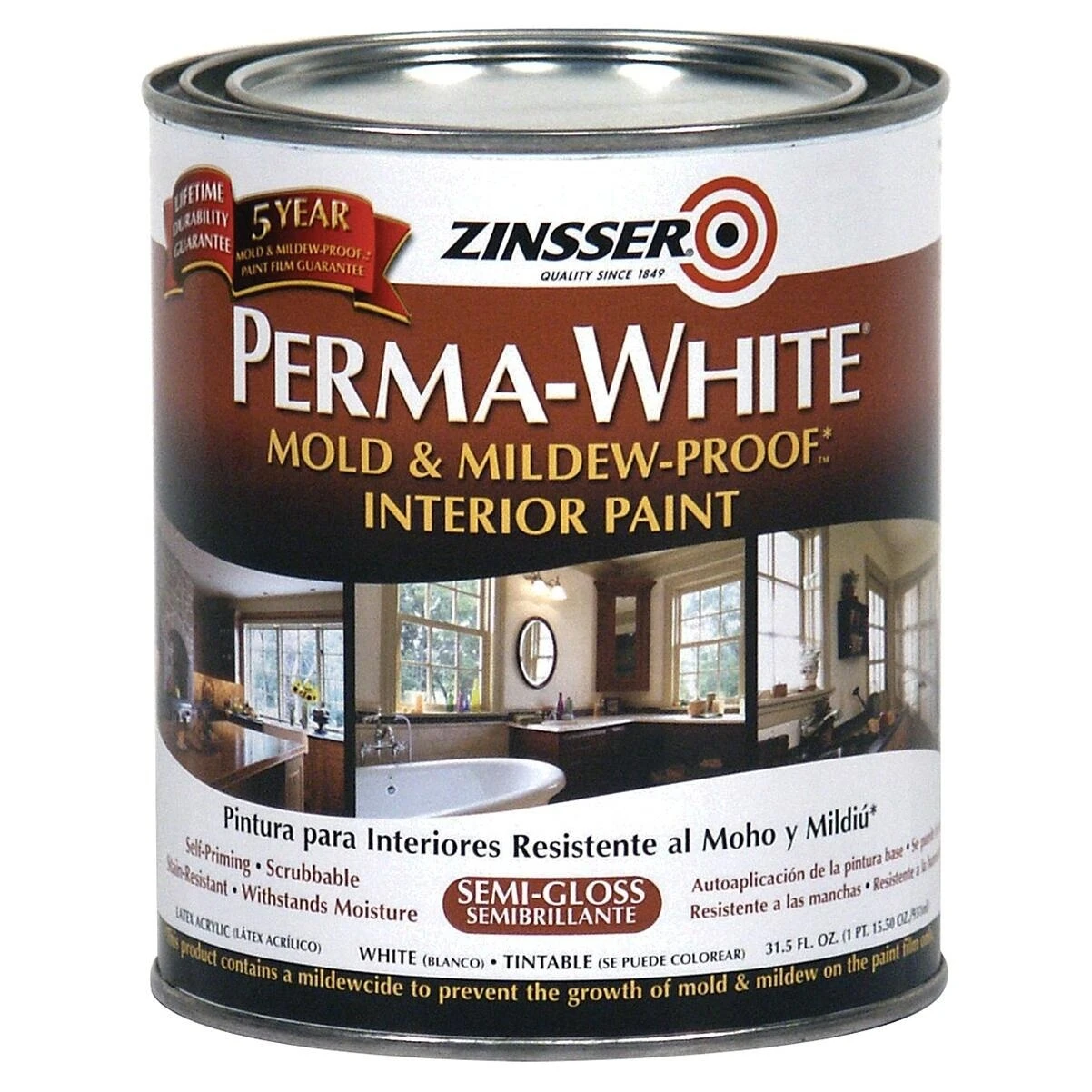 Zinsser Perma-White 2754 Mold & Mildew-Proof Interior Paint, White Semi-Gloss, Quart Zinsser Perma-White 2754 Mold & Mildew-Proof Interior Paint, White Semi-Gloss, Quart