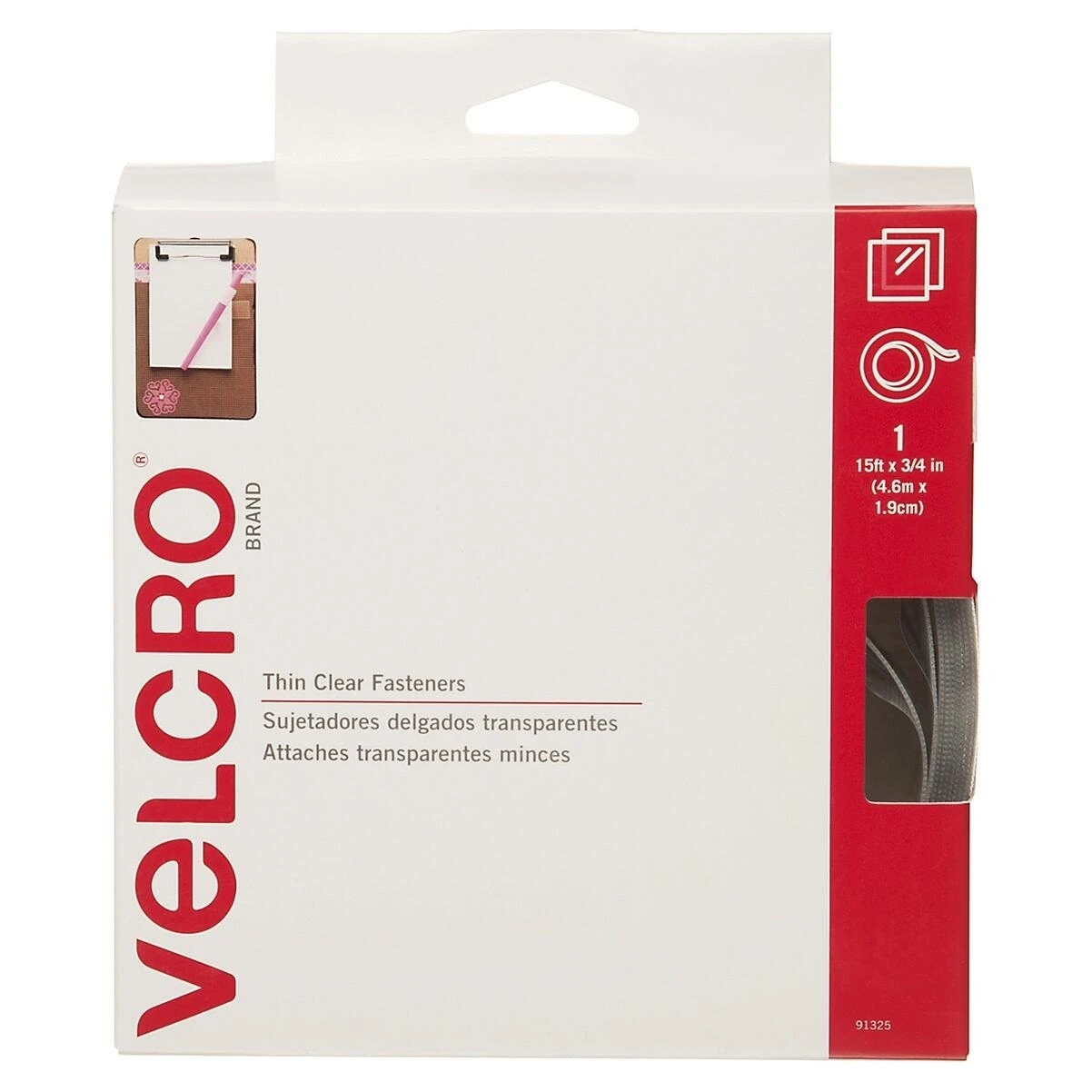 VELCRO Brand 91325 Fastener, 3/4 in W, 15 ft L, Clear, 5 lb