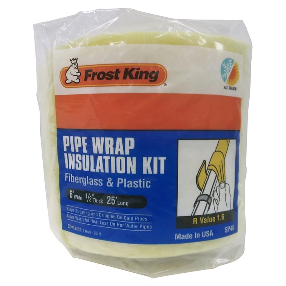 Frost King SP46 Fiberglass Pipe Wrap Insulation Kit, 6 x 1/2 In. x 25 Ft.