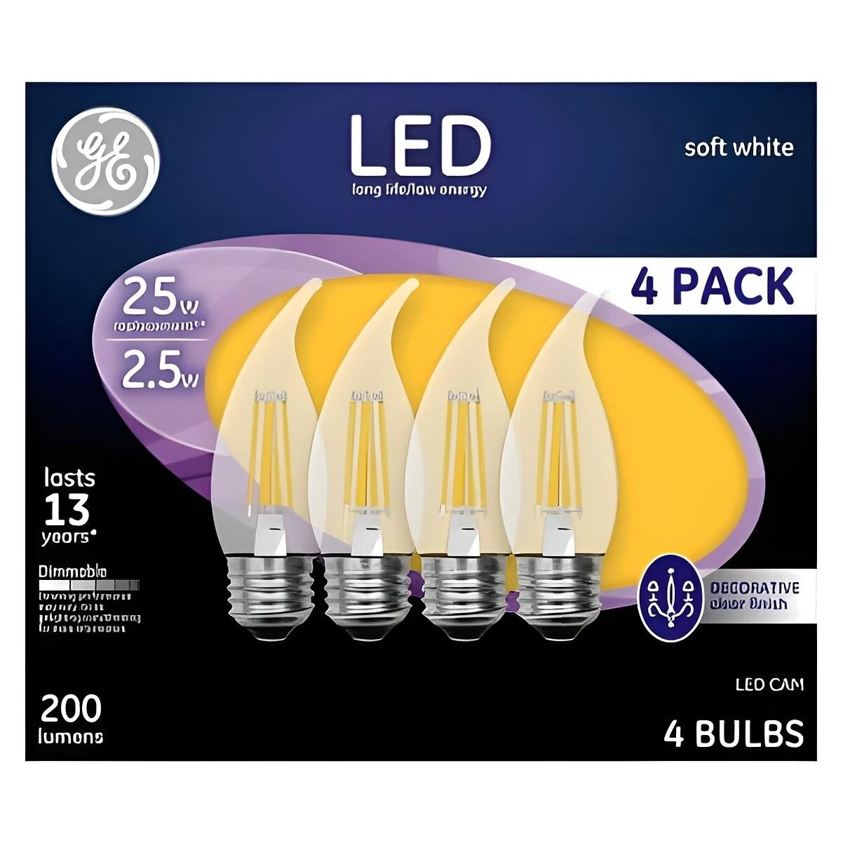GE Industrial Solutions 10193 LED Bulb, Decorative, CA Lamp, 25 W Equivalent, E17 Lamp Base, Dimmable, Clear