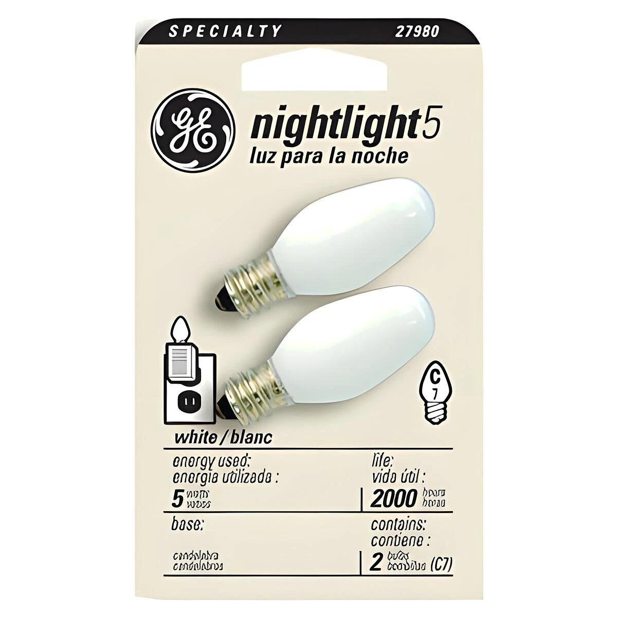 GE 27980 Night Light Bulb, 5 W, E12 Candelabra Lamp Base, C7 Lamp, White Light