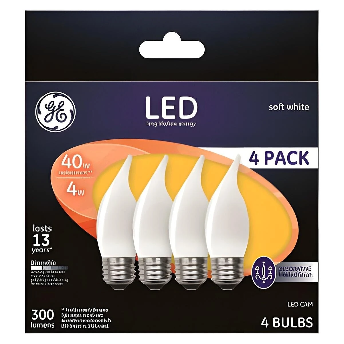 GE Industrial Solutions 37420 LED Bulb, Decorative, CAM Lamp, 40 W Equivalent, E26 Lamp Base, Dimmable, Frosted