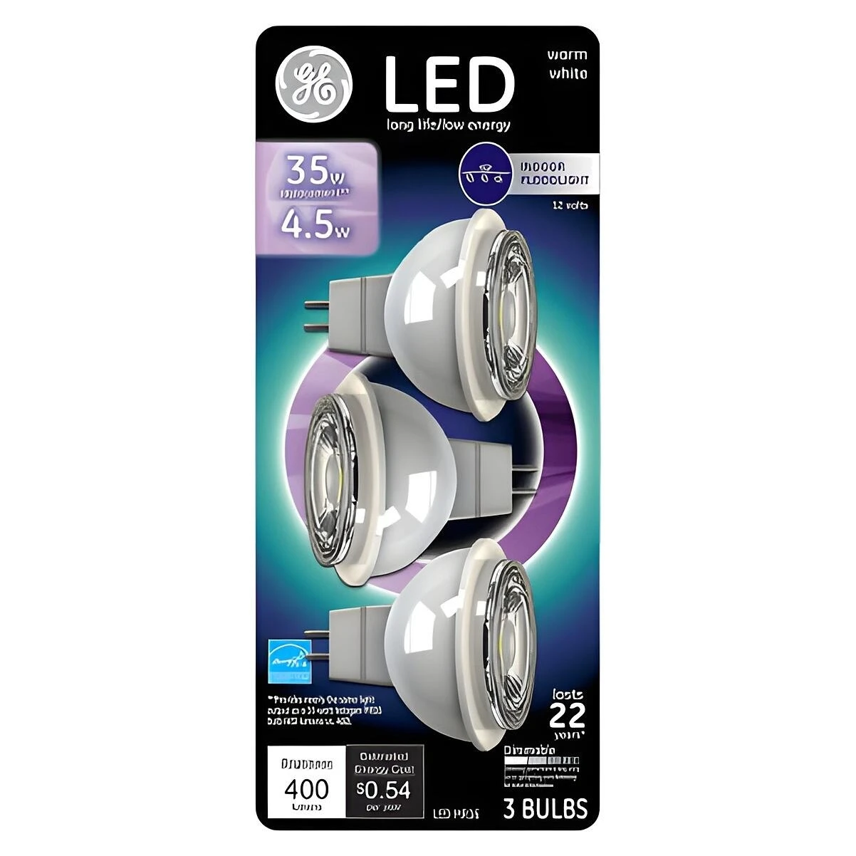 GE 93116243 LED Light Bulb, MR16 Lamp, 35 W Equivalent, GU5.3 Lamp Base, Dimmable, Clear, White Light, 3000 K Color Temp