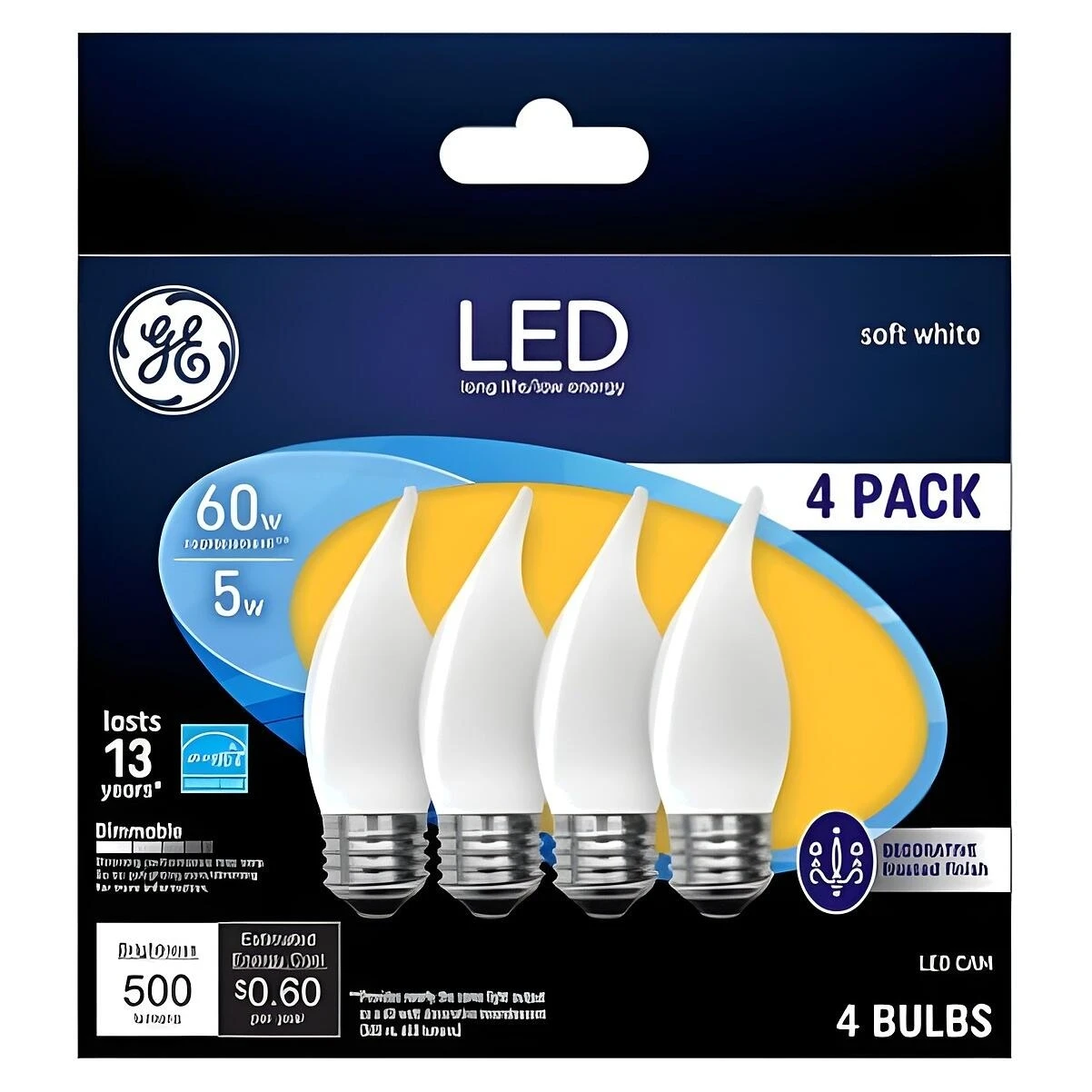 GE 93129351 LED Bulb, Flame Lamp, 60 W Equivalent, Medium Lamp Base, Dimmable, Frosted, Warm White Light GE 93129351 LED Bulb, Flame Lamp, 60 W Equivalent, Medium Lamp Base, Dimmable, Frosted, Warm White Light
